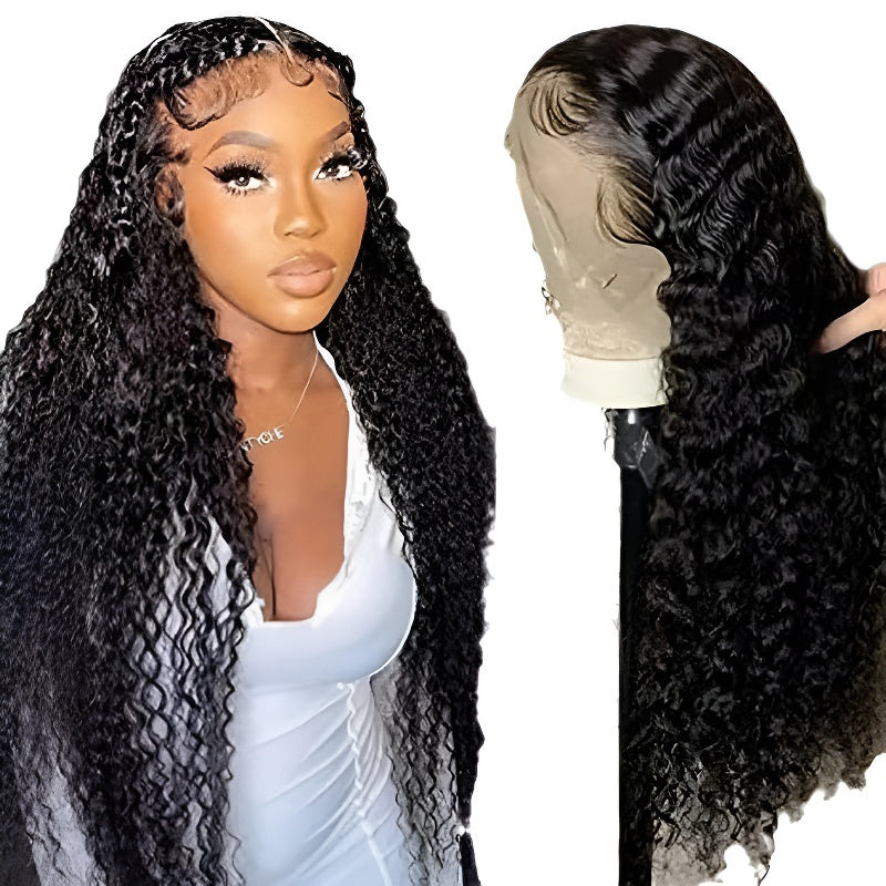 Wig Hot Sale Hand Crocheted 13*4 Front Lace Synthetic Wig Black Middle Part Long Curly Hair