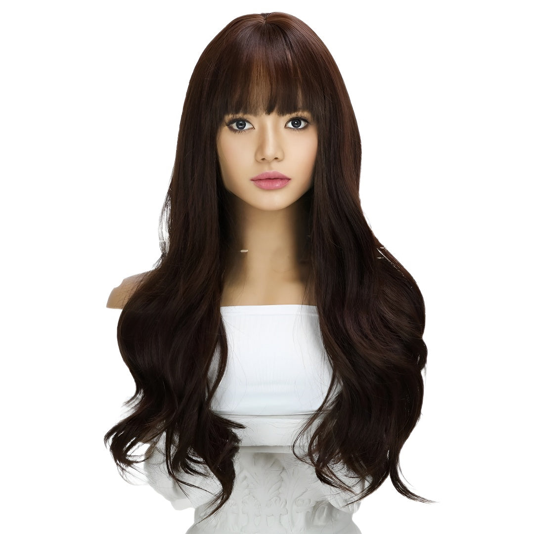 Gentle Temperament Wig for Women with Air Bangs, Long Curly Hair, Dark Brown, Brightening, Korean Style Full Wig