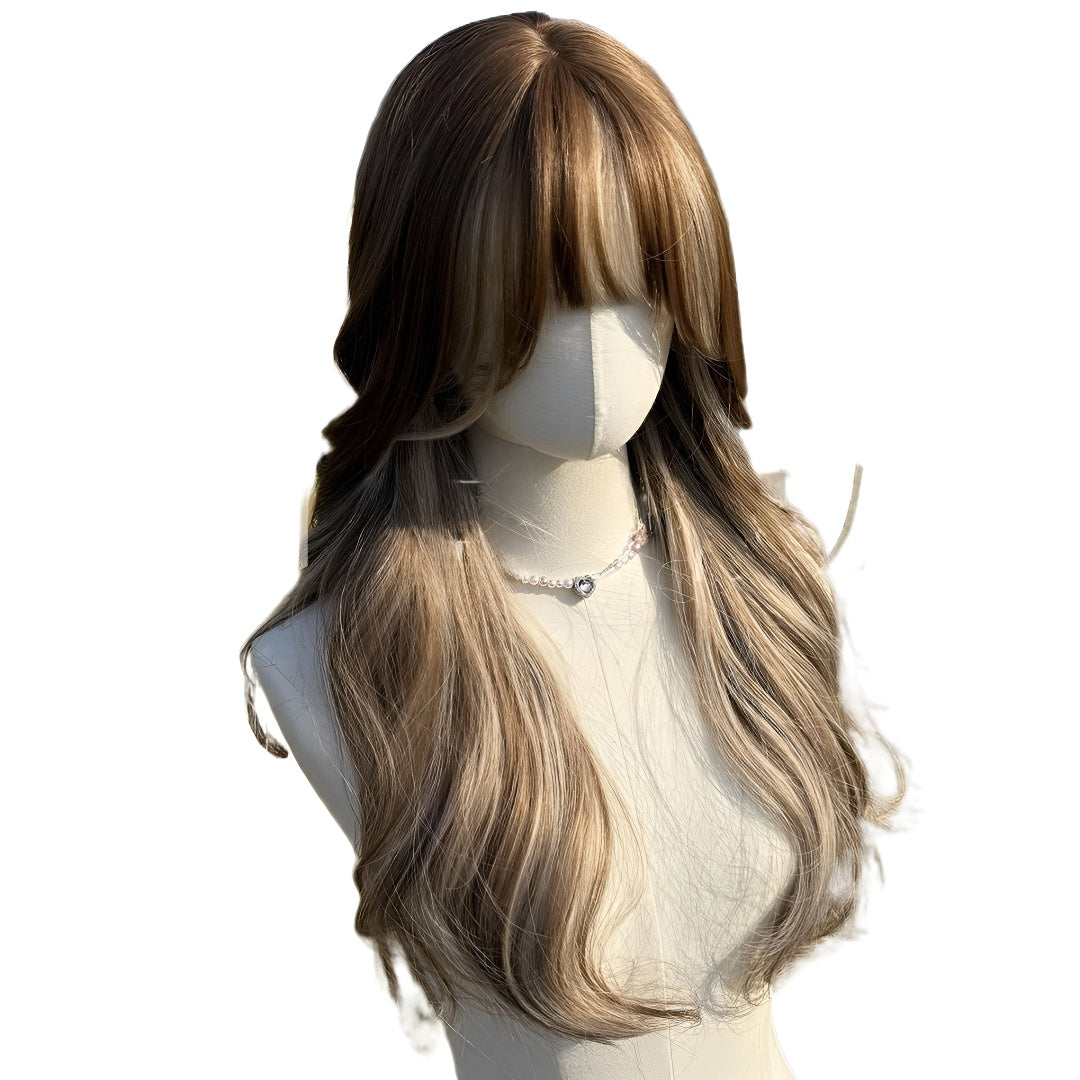 24inch Brown Blonde Highlights, with Bangs, Women's Wig, High-Temperature Fiber Wig, Voluminous and Dense