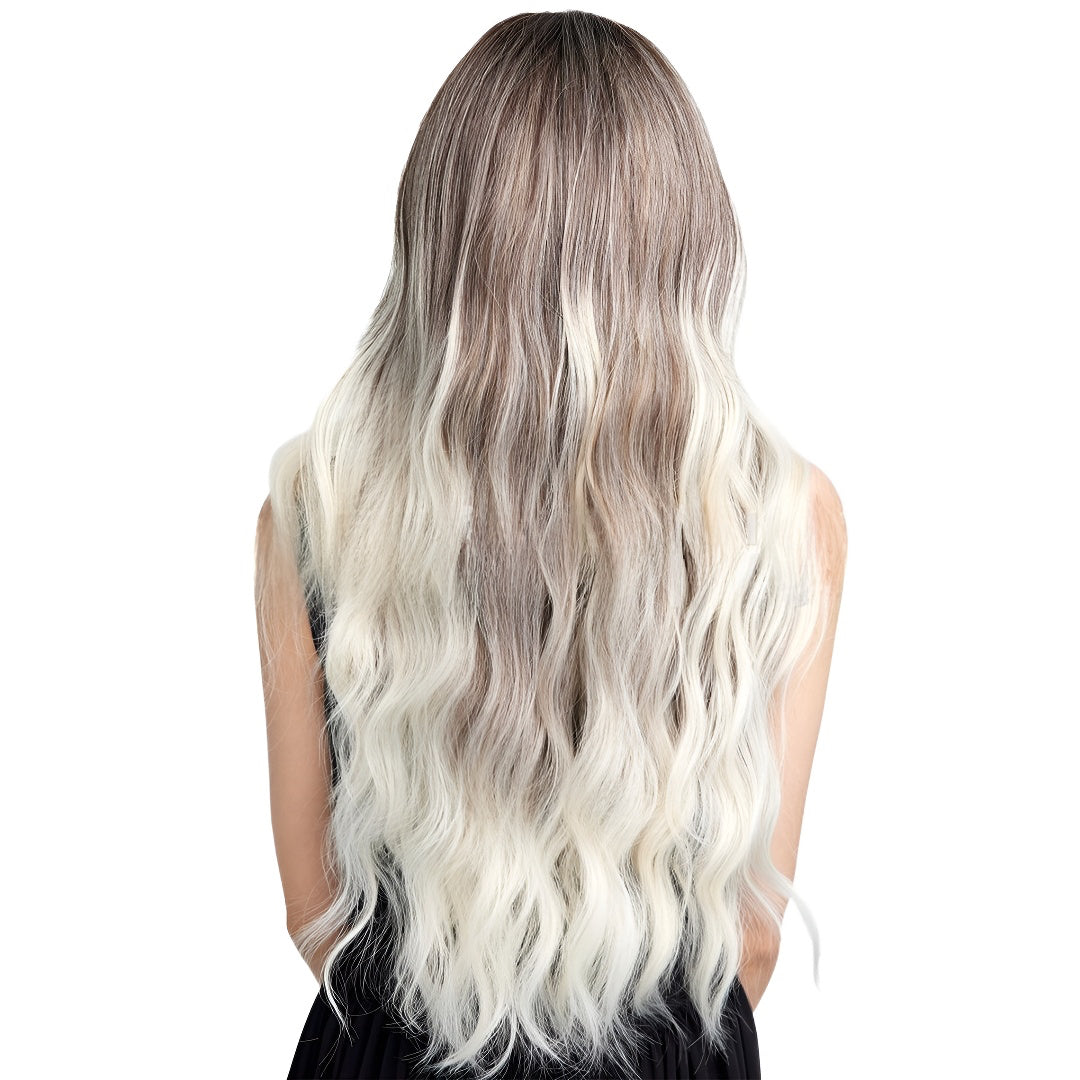 Women's Long Curly Wig Black Gray White Mixed Gradient Color Hot Style