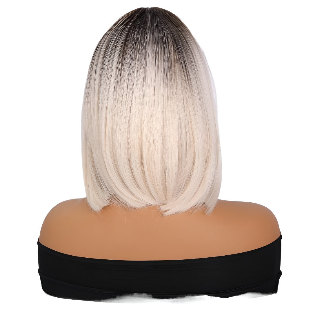 Fashion Platinum Blonde Highlight Bob Wig - Easy Care Synthetic Fiber Hair, Trendy Middle Part Style