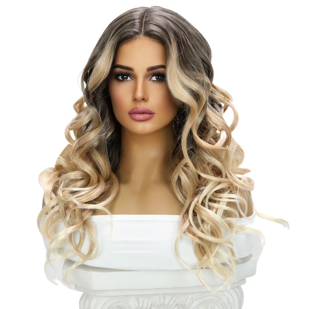 Fashion Wig Brown Gradient Highlight Curly Hair T Part Front Lace High-Quality Wig
