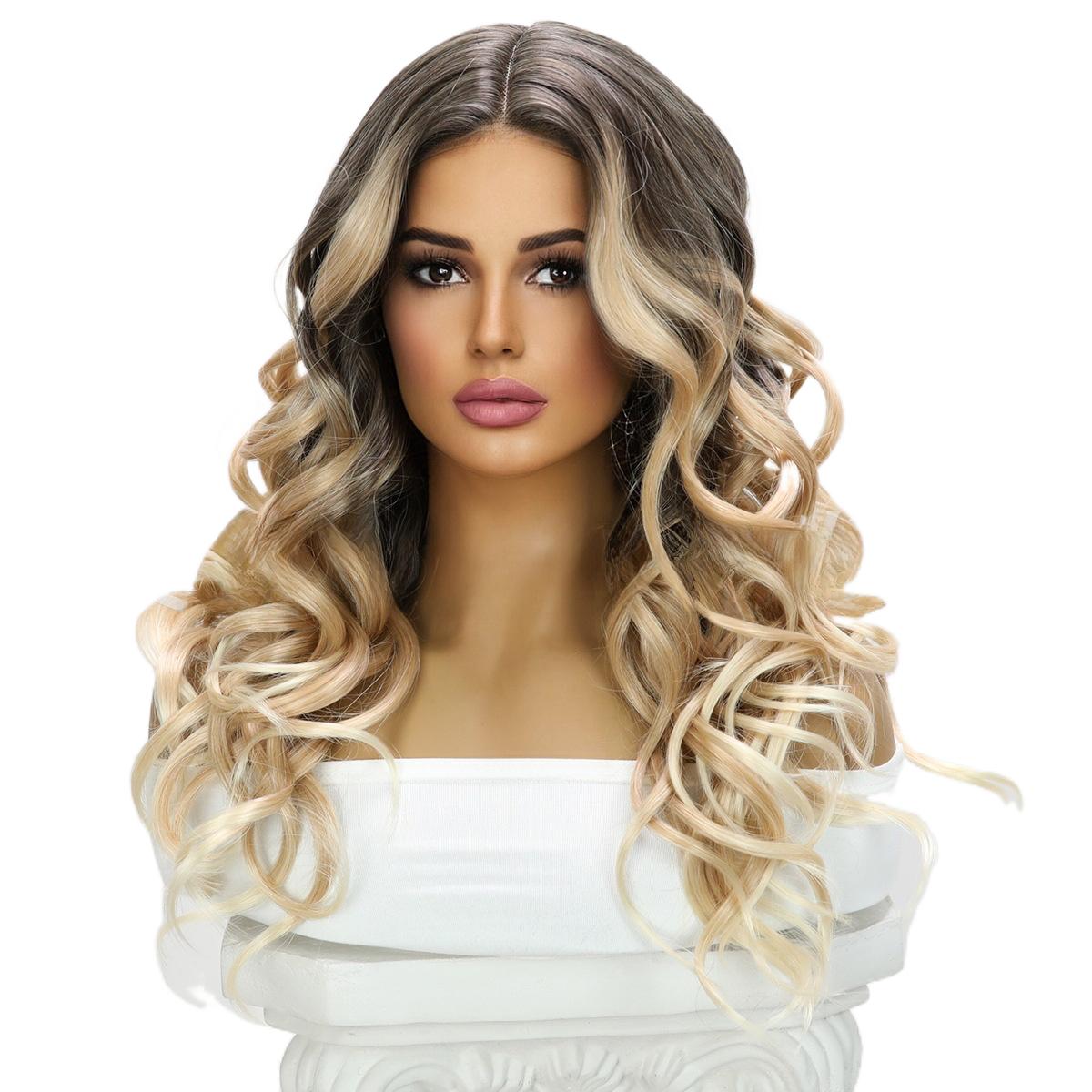 Fashion Wig Brown Gradient Highlight Curly Hair T Part Front Lace High-Quality Wig