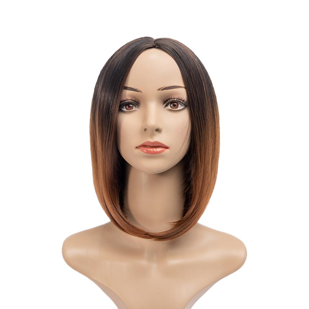 New Fashion Women's Short Straight Hair Middle Part Bangs Bobo Gradient Wig Synthetic Human Hair Look