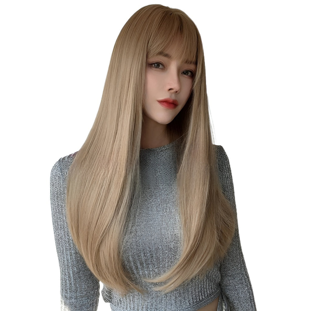Hot-Selling Fashion Wig for Women with Bangs, Light Brown Long Straight Hair, High-Temperature Fiber Wig, Same-Day Delivery