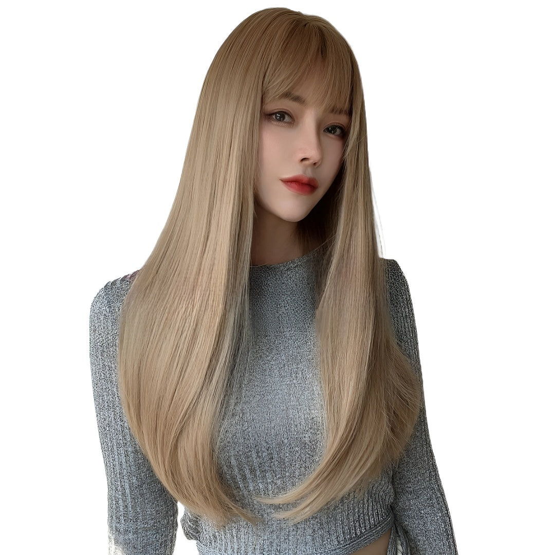 Hot-Selling Fashion Wig for Women with Bangs, Light Brown Long Straight Hair, High-Temperature Fiber Wig, Same-Day Delivery