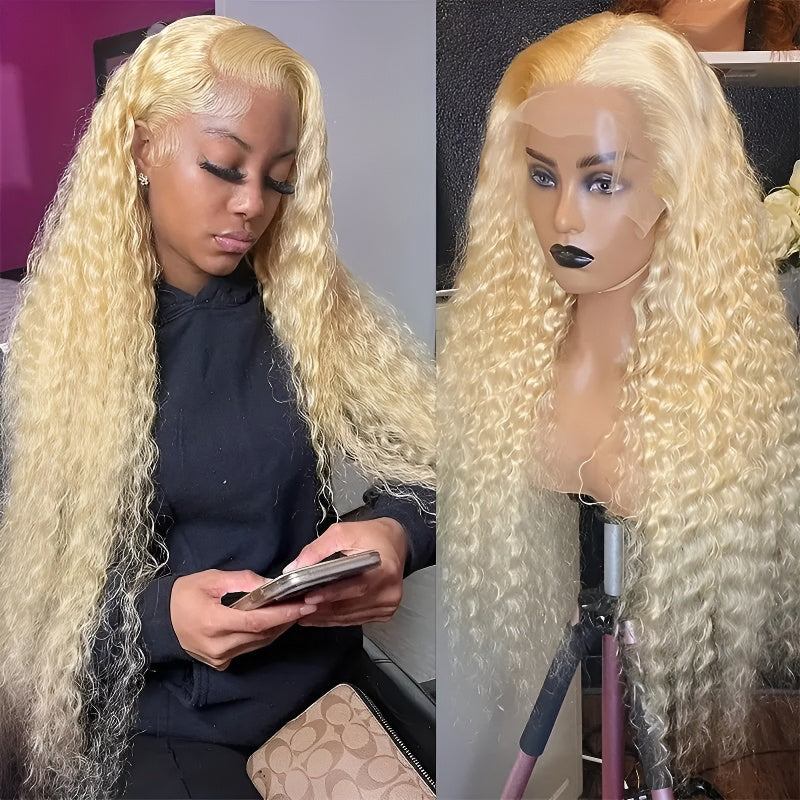 Front Lace Wig Women's Light Blonde Small Curly Wig Middle Part Fluffy Long Curly Wig Wig Set