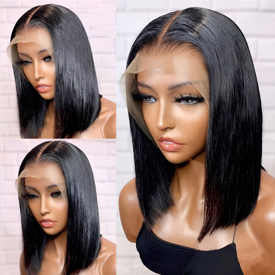 Women's Wig Middle Part Bobo Bob Black Short Straight Hair Front Lace Cap