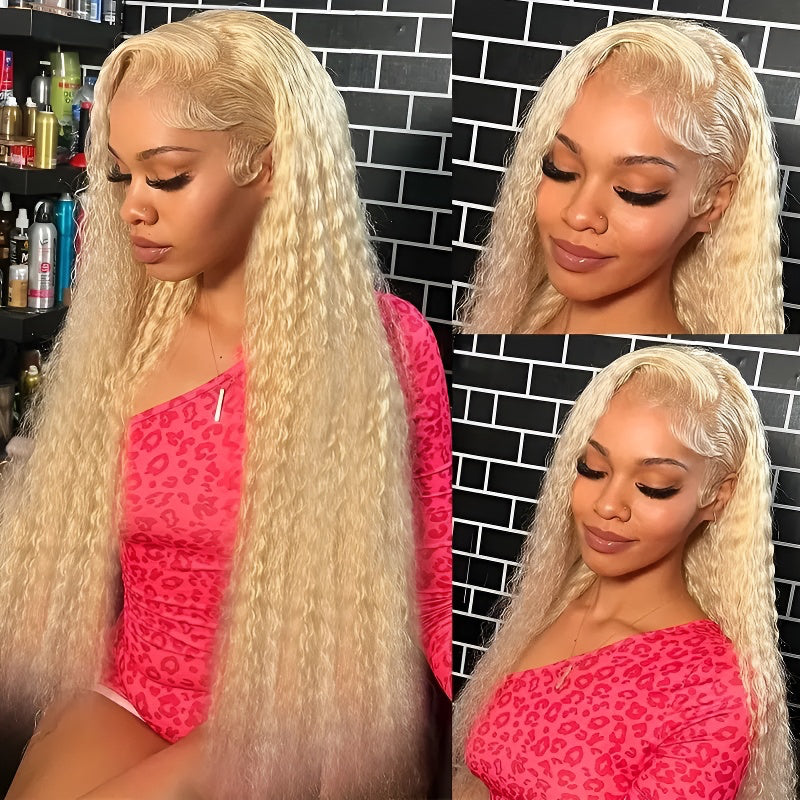 Front Lace Wig Women's Light Blonde Small Curly Wig Middle Part Fluffy Long Curly Wig Wig Set