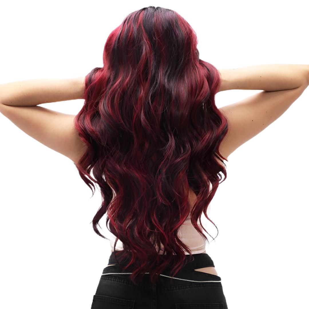 fashion wig T-shaped lace burgundy gradient wavy wig