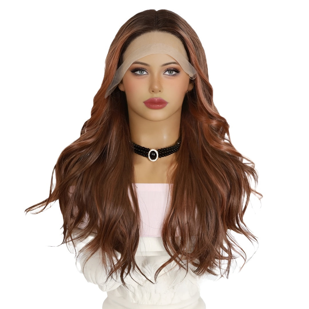 Hot-selling 22inch T-shaped Lace Brown Highlighted Wavy Curly Hair Imported Heat-resistant Wig Cap