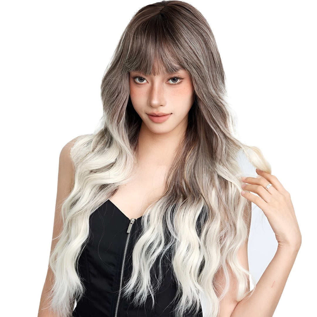 Women's Long Curly Wig Black Gray White Mixed Gradient Color Hot Style