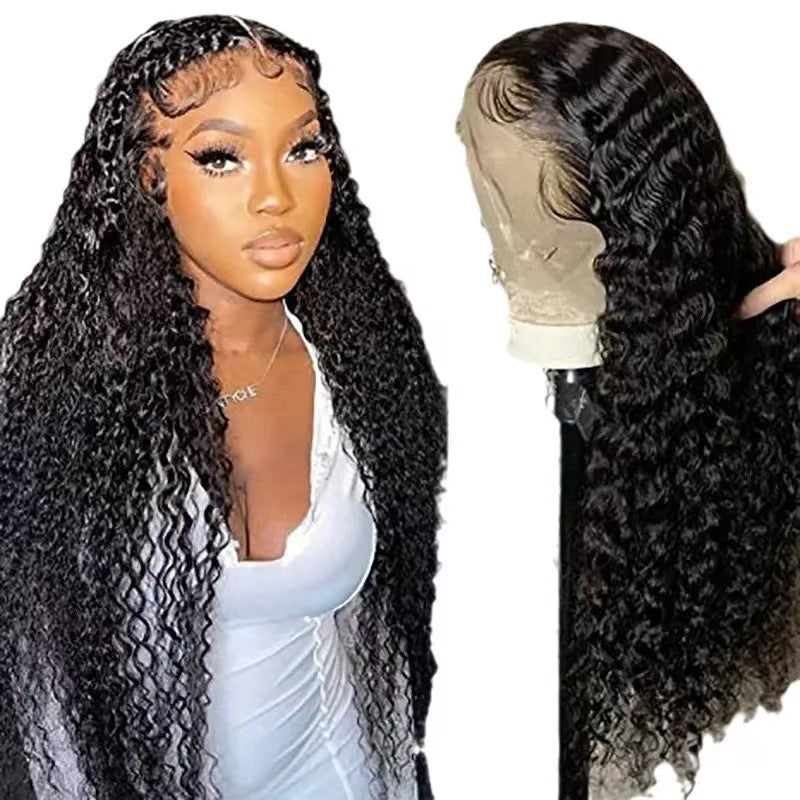 Wig Hot Sale Hand Crocheted 13*4 Front Lace Synthetic Wig Black Middle Part Long Curly Hair