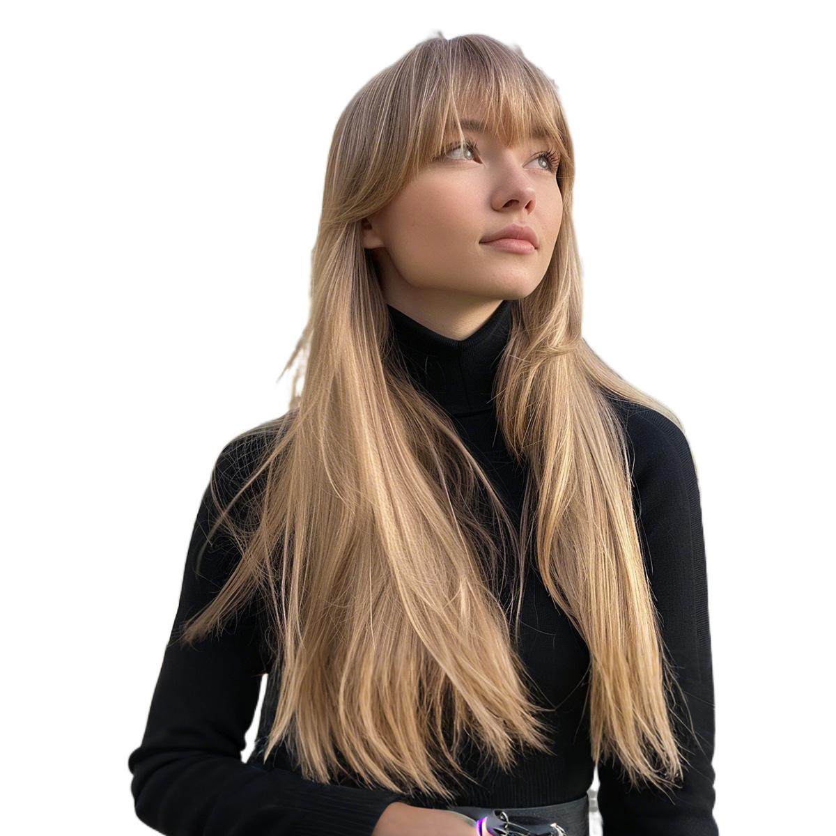 Hot-Selling Fashion Wig for Women with Bangs, Light Brown Long Straight Hair, High-Temperature Fiber Wig, Same-Day Delivery