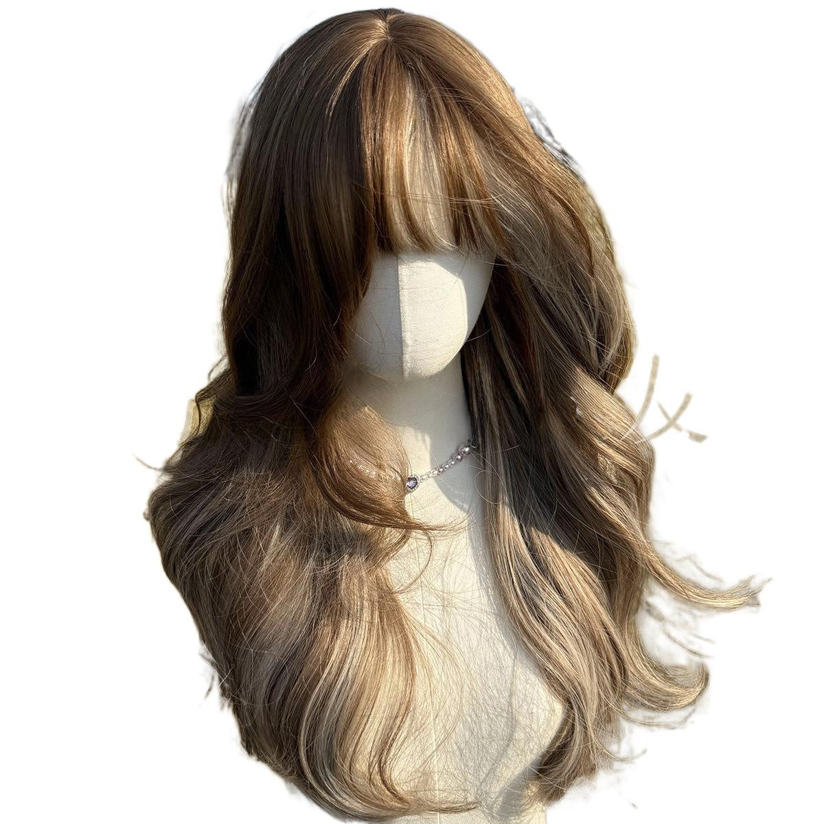 24inch Brown Blonde Highlights, with Bangs, Women's Wig, High-Temperature Fiber Wig, Voluminous and Dense