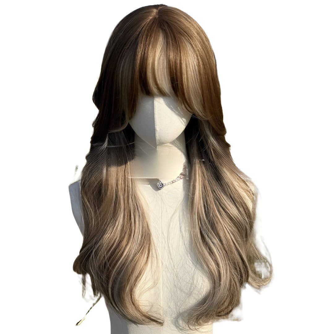 24inch Brown Blonde Highlights, with Bangs, Women's Wig, High-Temperature Fiber Wig, Voluminous and Dense