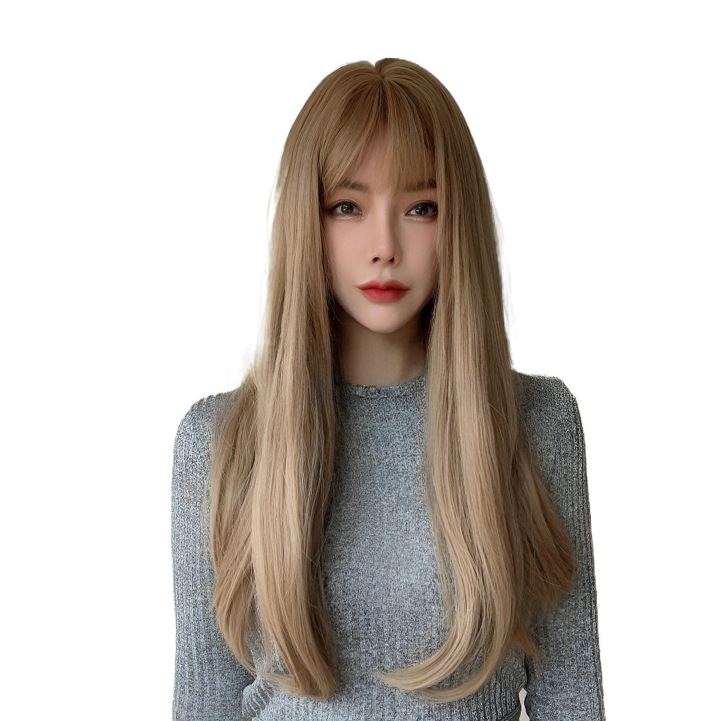 Hot-Selling Fashion Wig for Women with Bangs, Light Brown Long Straight Hair, High-Temperature Fiber Wig, Same-Day Delivery