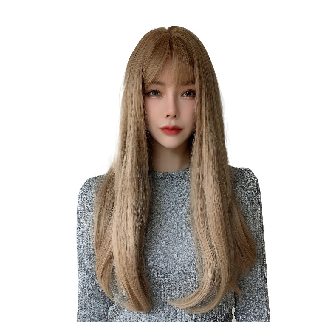 Hot-Selling Fashion Wig for Women with Bangs, Light Brown Long Straight Hair, High-Temperature Fiber Wig, Same-Day Delivery