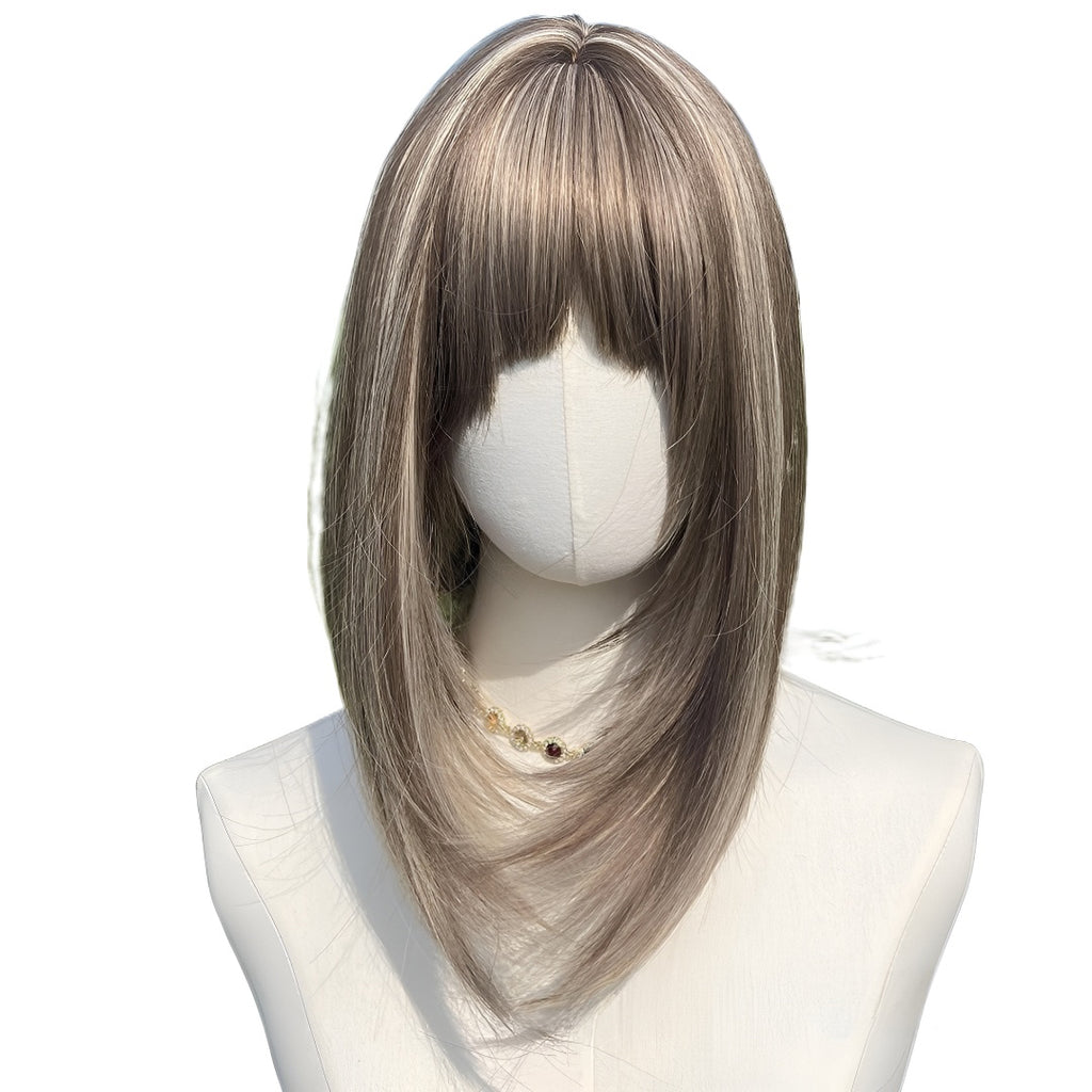New 12inch Honey Tea Flax Color Air Bangs High Women's Wig Cap