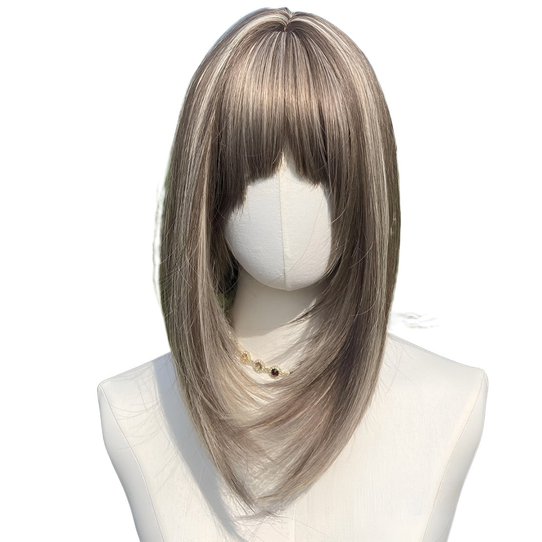 New 12inch Honey Tea Flax Color Air Bangs High Women's Wig Cap