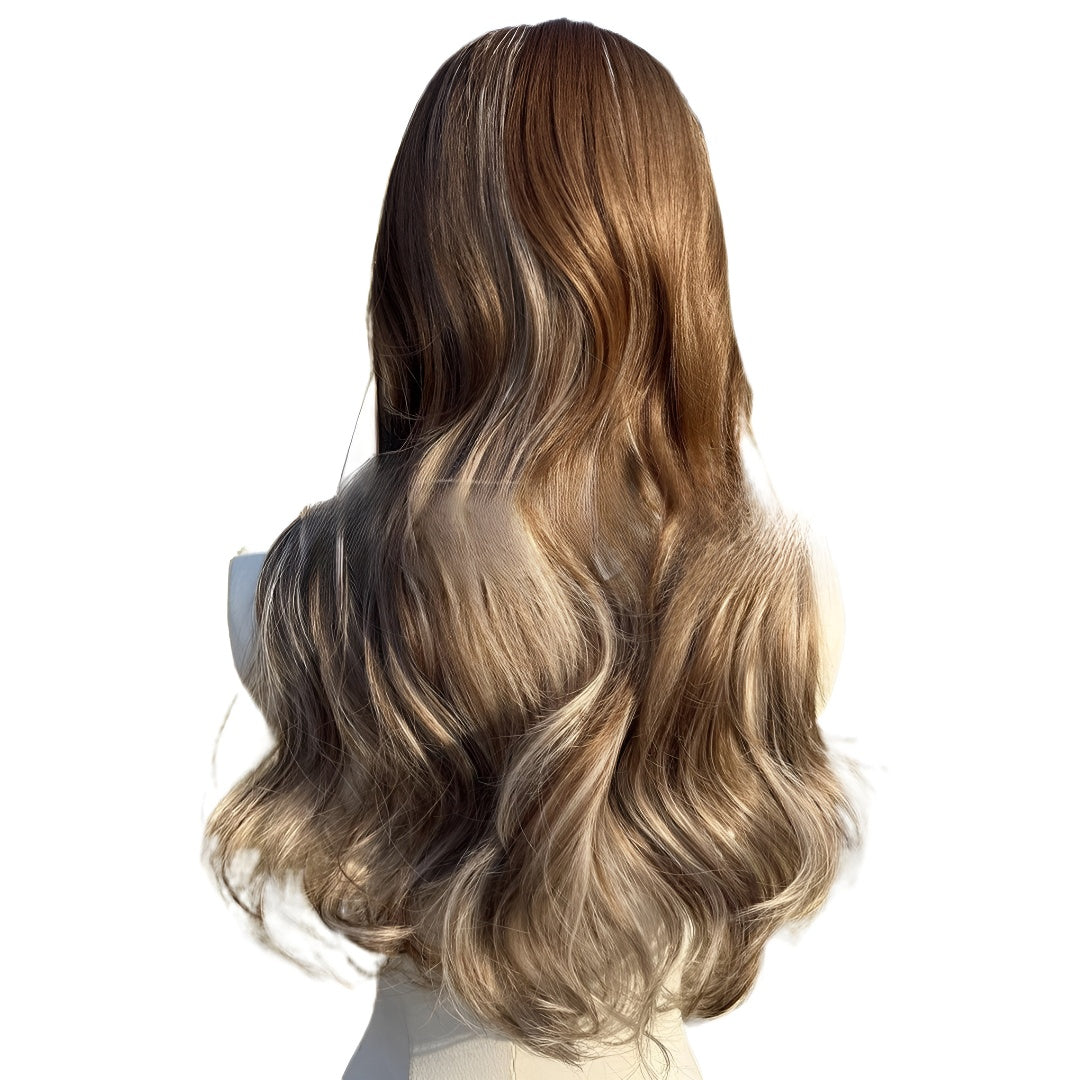 24inch Brown Blonde Highlights, with Bangs, Women's Wig, High-Temperature Fiber Wig, Voluminous and Dense