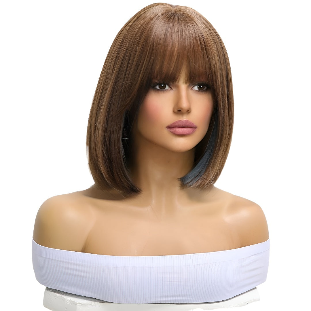 Women's Wig Elegant Black Short Hair with Blue Highlights and Ear-Drop Dyeing, Natural Bangs, Student Hair Quality
