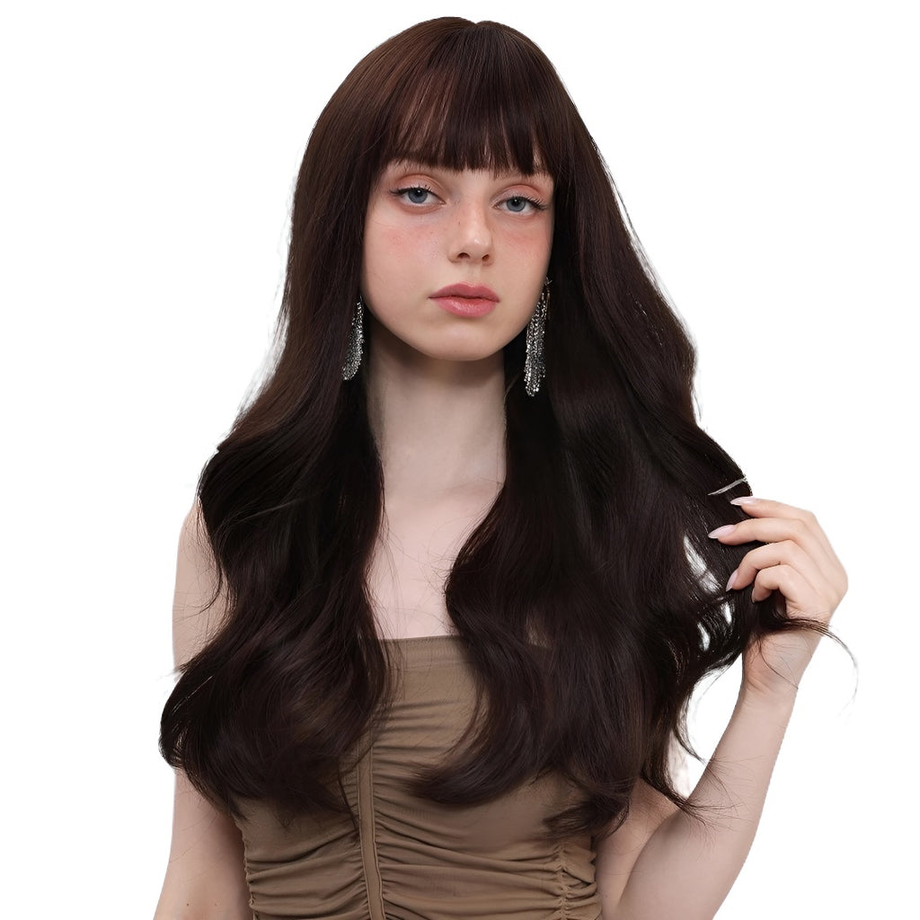 Gentle Temperament Wig for Women with Air Bangs, Long Curly Hair, Dark Brown, Brightening, Korean Style Full Wig