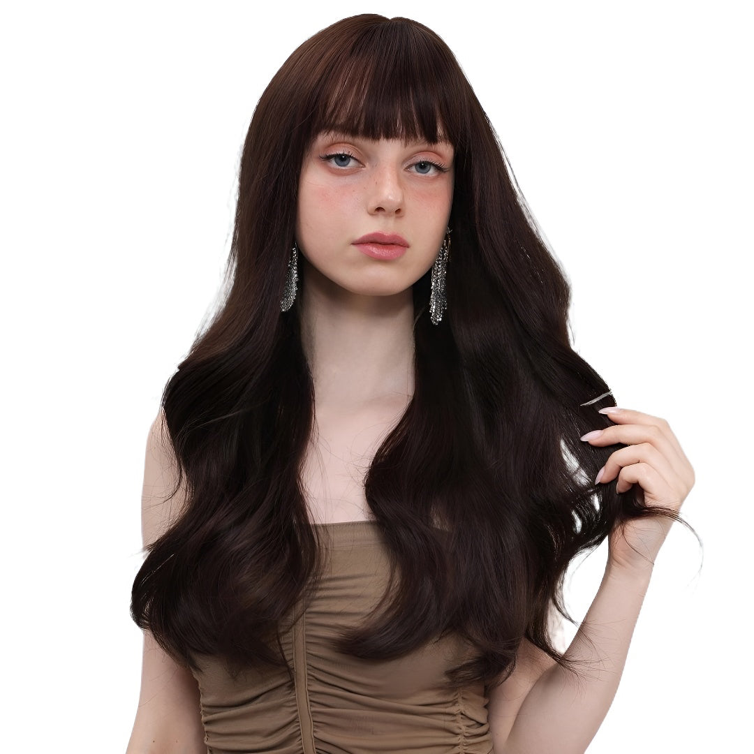 Gentle Temperament Wig for Women with Air Bangs, Long Curly Hair, Dark Brown, Brightening, Korean Style Full Wig