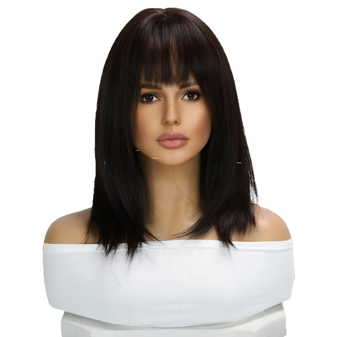 Hazelnut Warm Brown Wig 14inch Shoulder Length Bone Straight with Bangs Lazy Cushion Slight Curl