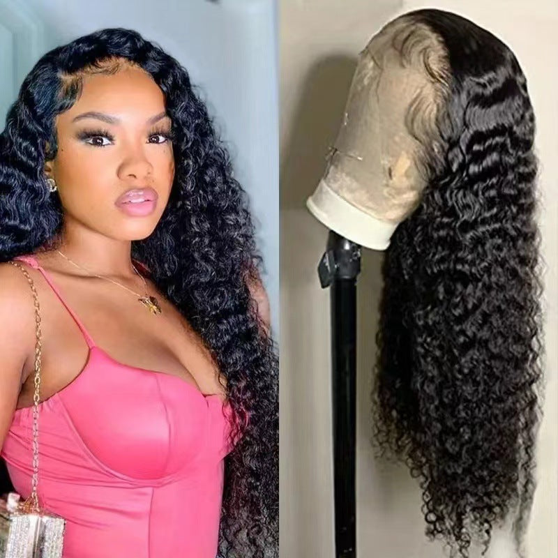 Wig Hot Sale Hand Crocheted 13*4 Front Lace Synthetic Wig Black Middle Part Long Curly Hair