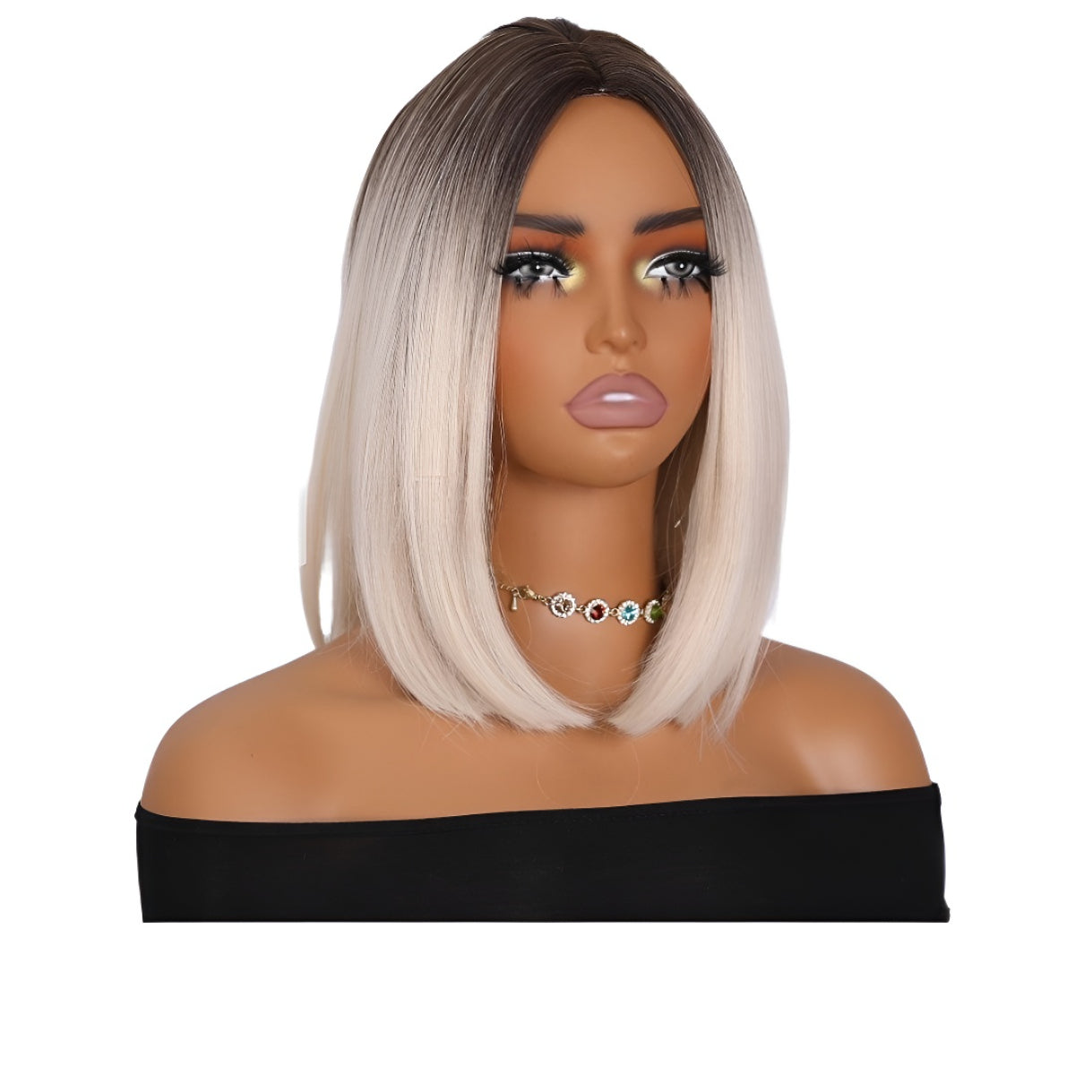 Fashion Platinum Blonde Highlight Bob Wig - Easy Care Synthetic Fiber Hair, Trendy Middle Part Style