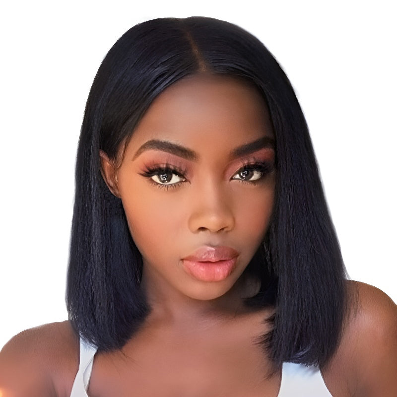 Women's Wig Middle Part Bobo Bob Black Short Straight Hair Front Lace Cap