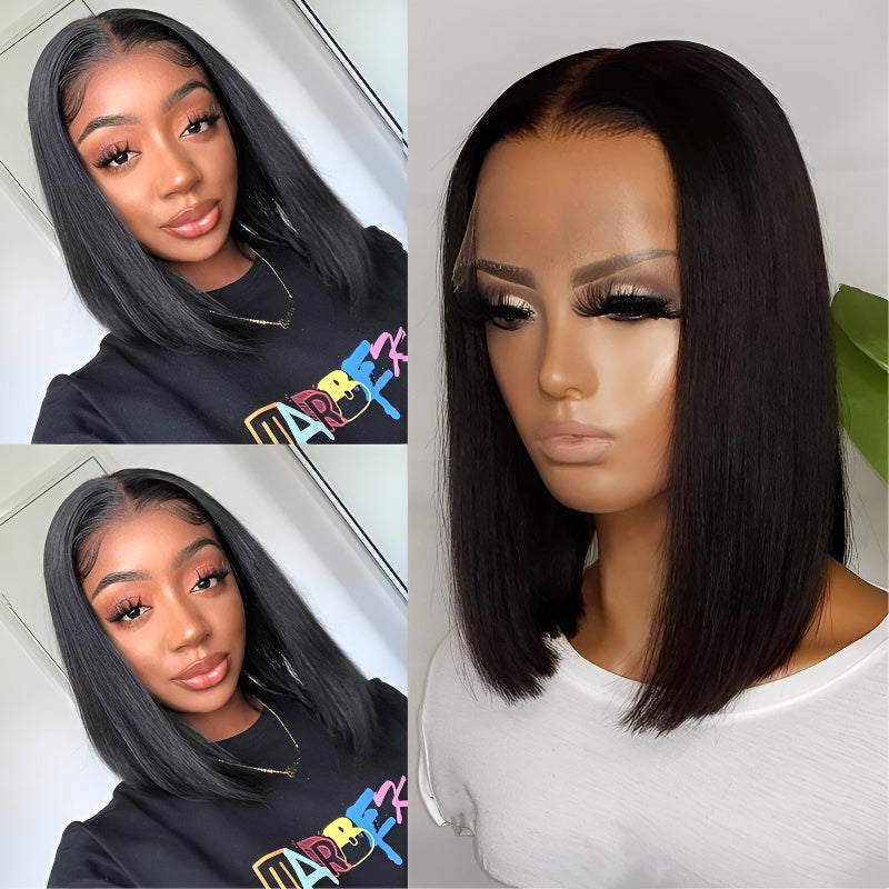 Women's Wig Middle Part Bobo Bob Black Short Straight Hair Front Lace Cap