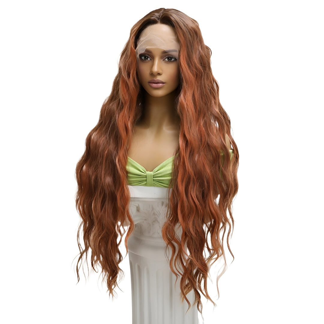 Hot-Selling Lace Front Wig Long Curly Hair Brown-Red Middle Part Wavy Natural