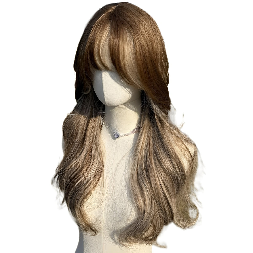 24inch Brown Blonde Highlights, with Bangs, Women's Wig, High-Temperature Fiber Wig, Voluminous and Dense
