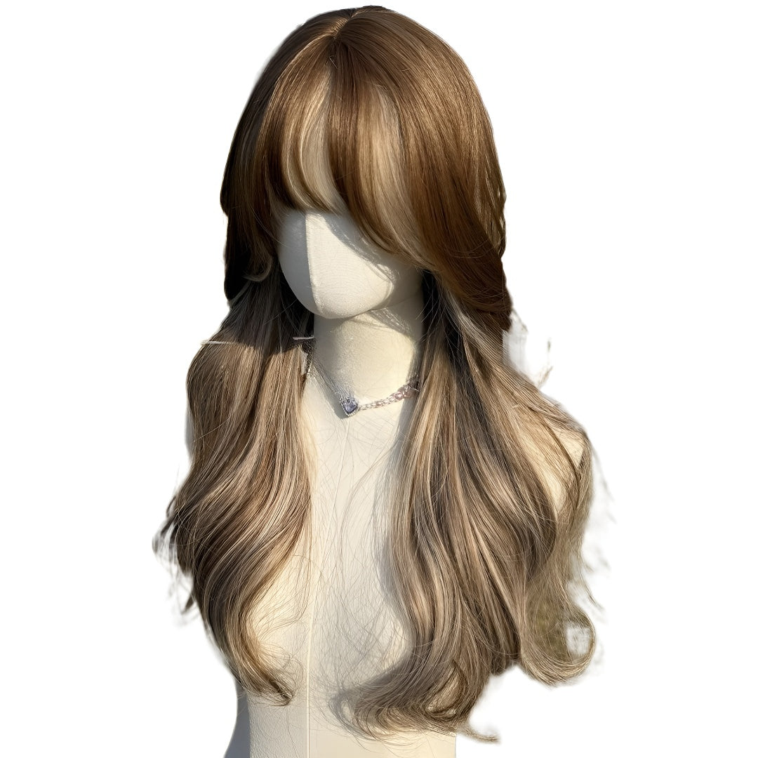 24inch Brown Blonde Highlights, with Bangs, Women's Wig, High-Temperature Fiber Wig, Voluminous and Dense