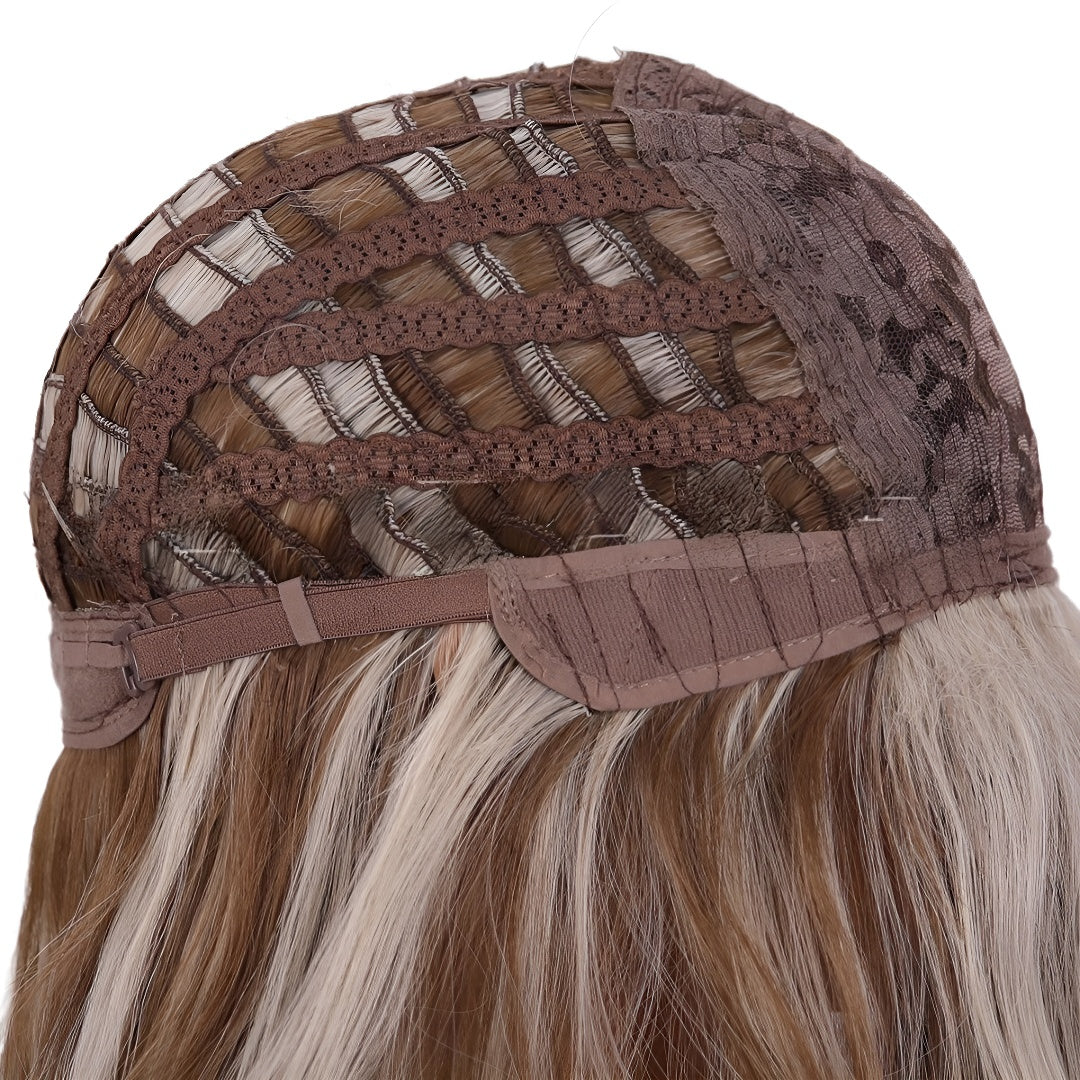 24inch Brown Blonde Highlights, with Bangs, Women's Wig, High-Temperature Fiber Wig, Voluminous and Dense