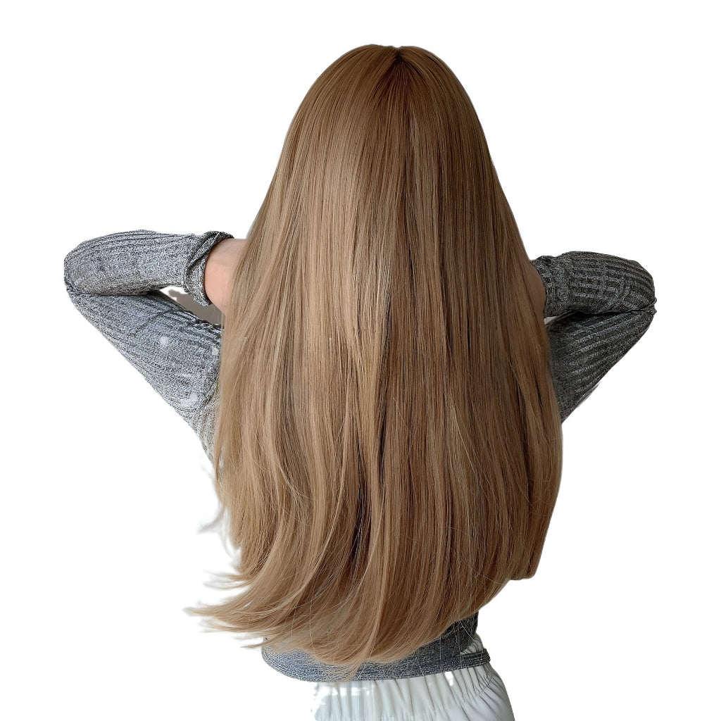 Hot-Selling Fashion Wig for Women with Bangs, Light Brown Long Straight Hair, High-Temperature Fiber Wig, Same-Day Delivery