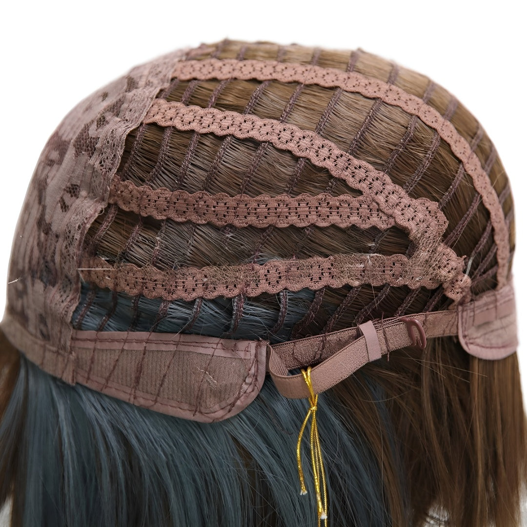 Women's Wig Elegant Black Short Hair with Blue Highlights and Ear-Drop Dyeing, Natural Bangs, Student Hair Quality