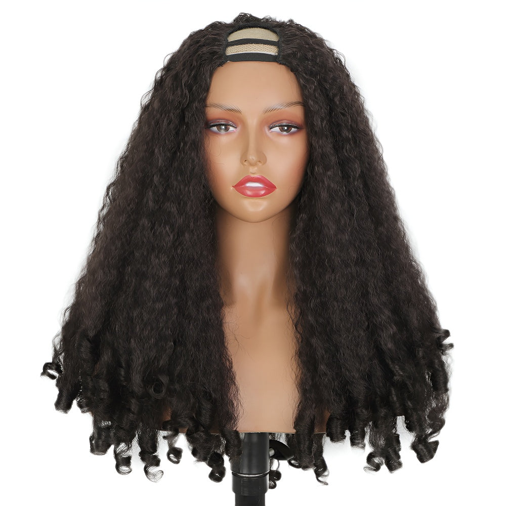 Black Fluffy U-Shaped Yaki Screw Curl Long Curly Hair Clip Half Wig for Women