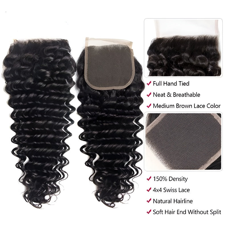 4*4 Deep Wave Transparent Lace Hair Block Curly Hair Full Real Hair