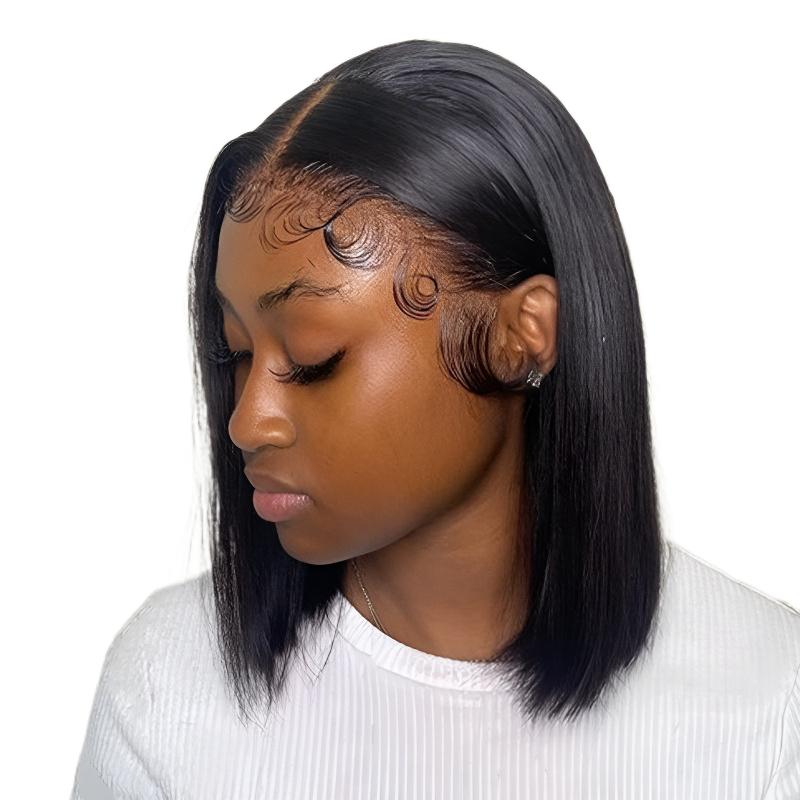 Women's Wig Middle Part Bobo Bob Black Short Straight Hair Front Lace Cap