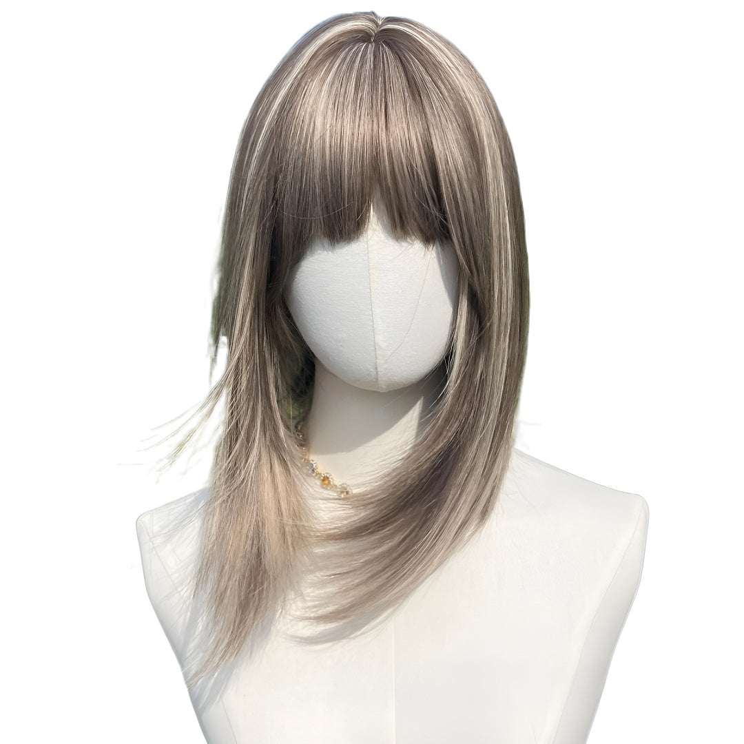 New 12inch Honey Tea Flax Color Air Bangs High Women's Wig Cap