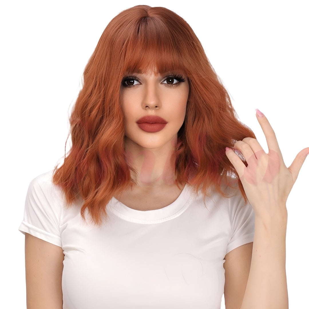 Brown Wig with Bangs for Women, Curly Hair, Air Bangs