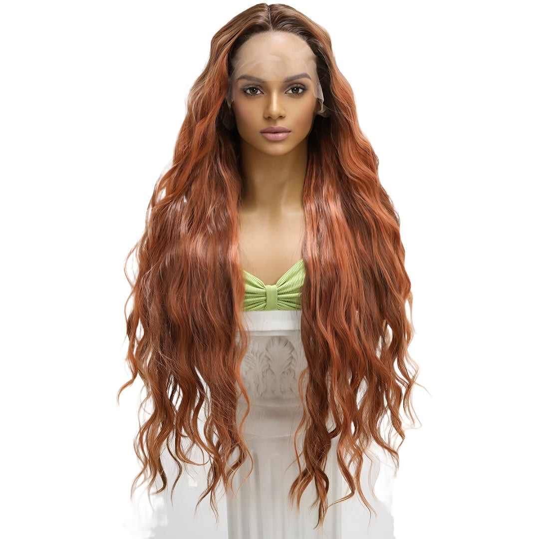 Hot-Selling Lace Front Wig Long Curly Hair Brown-Red Middle Part Wavy Natural