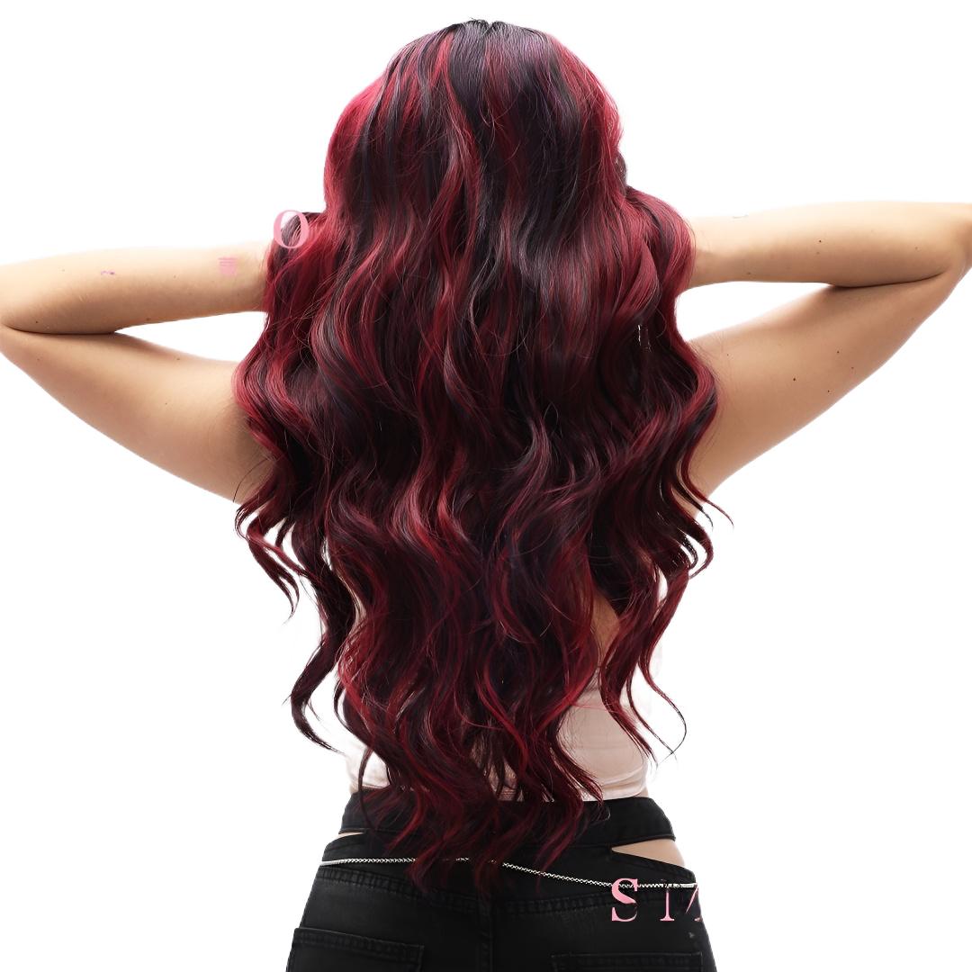fashion wig T-shaped lace burgundy gradient wavy wig