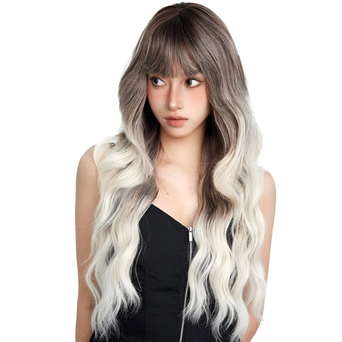 Women's Long Curly Wig Black Gray White Mixed Gradient Color Hot Style