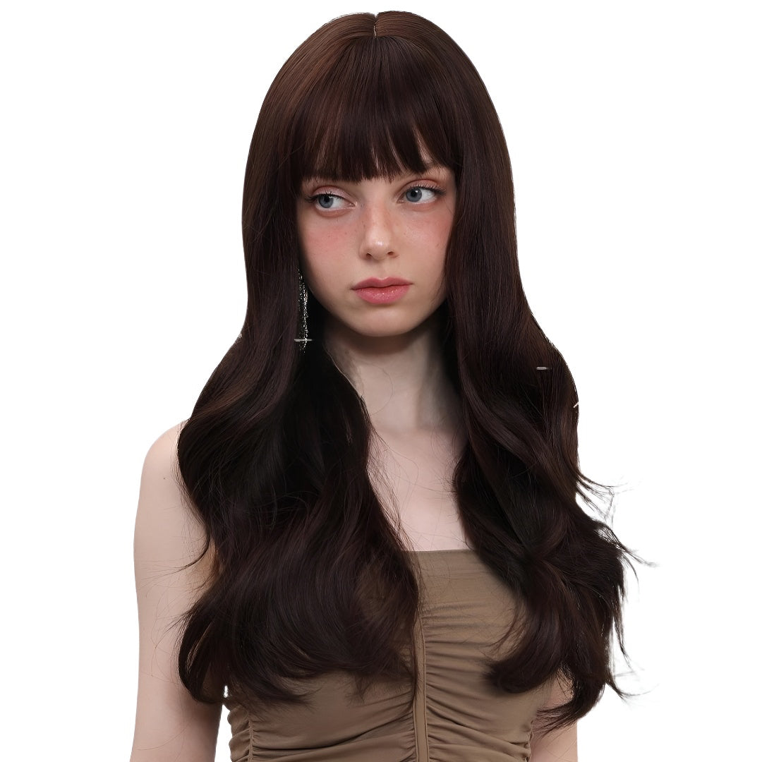 Gentle Temperament Wig for Women with Air Bangs, Long Curly Hair, Dark Brown, Brightening, Korean Style Full Wig