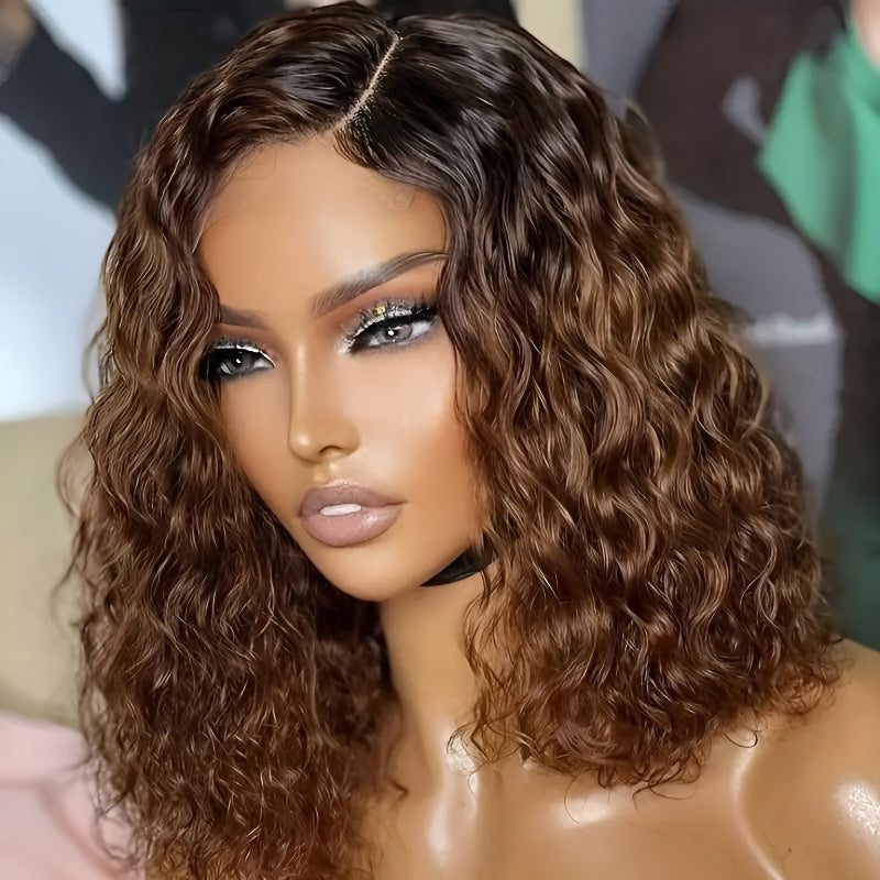 Side Part Gradient Brown Curly Wig for Women, Fluffy Realistic Hot New Front Lace Wig