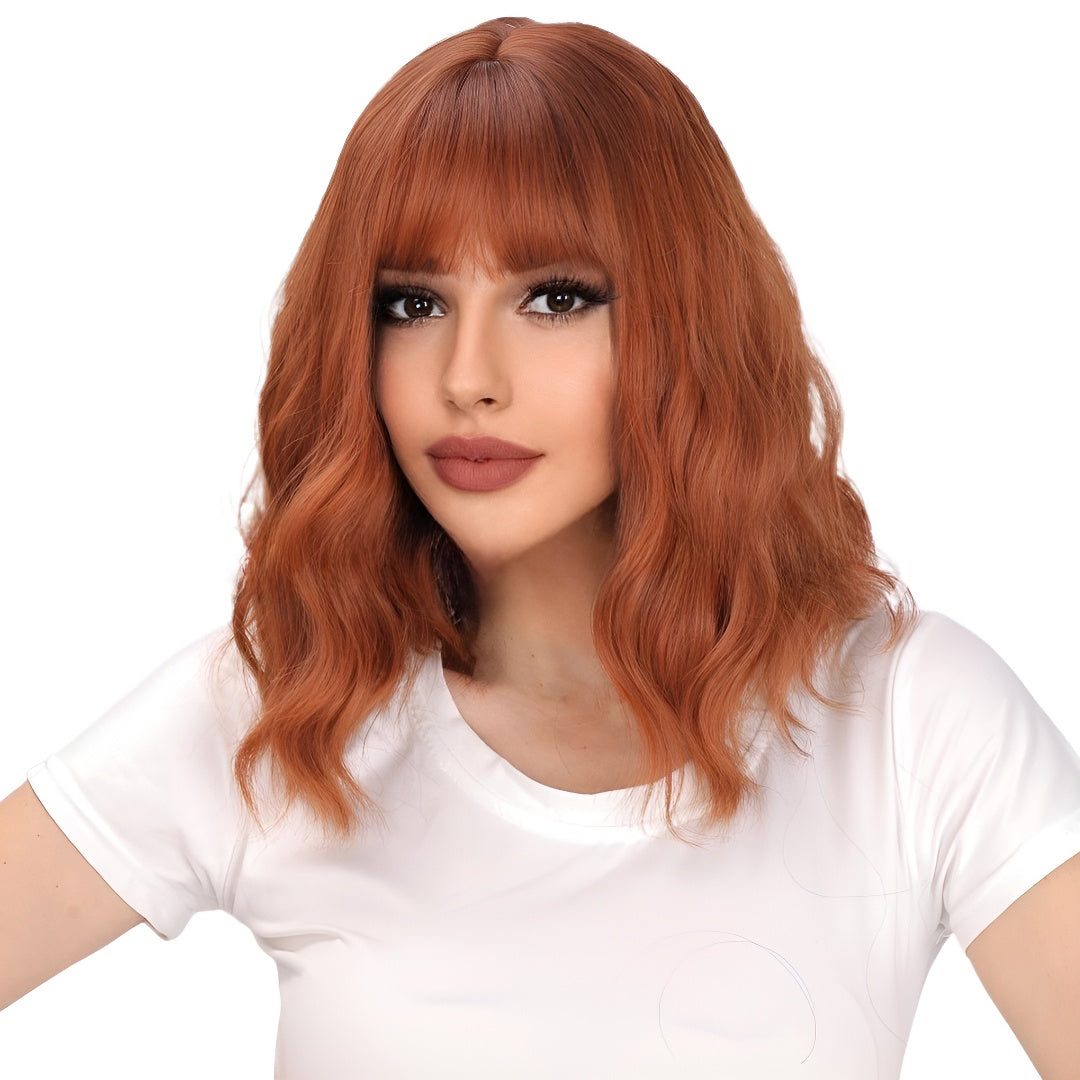 Brown Wig with Bangs for Women, Curly Hair, Air Bangs